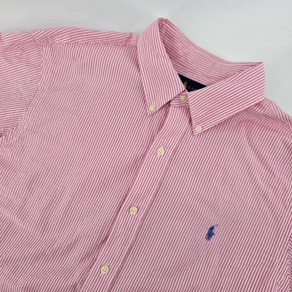 Ralph Lauren Shirt Mens Large Pink Stripe Seersucker Button Down Summer Preppy